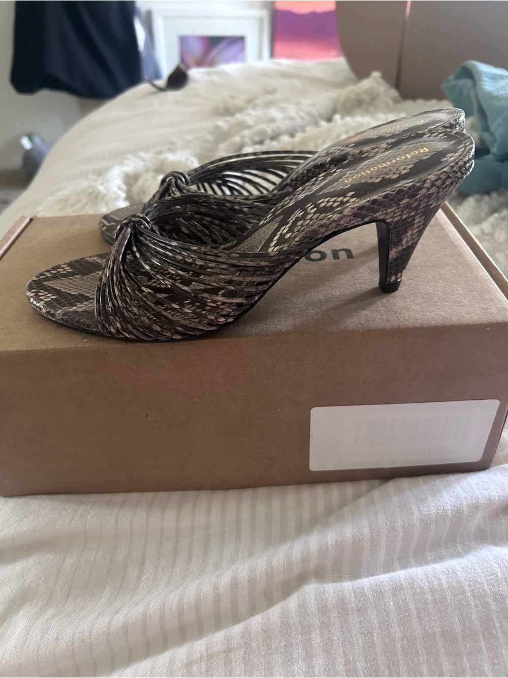 Reformation Brand New Woodlyn sandals in tan Snake 6.5
